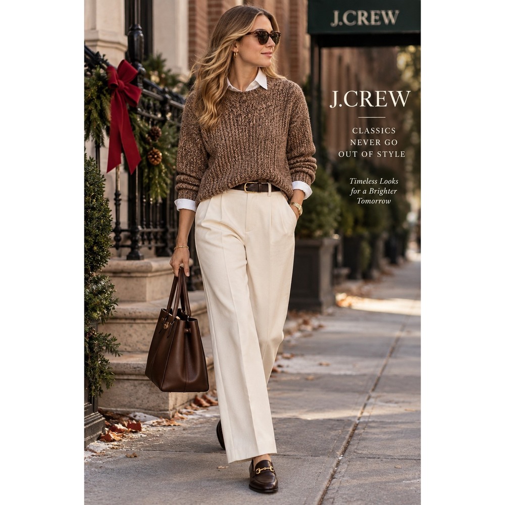 J. Crew Brown Tan Marled Neutral Cotton Knit Fisherman Pullover Sweater - Large